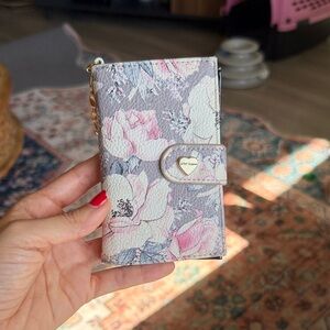 Betsey Johnson Floral and Glossy Black Card Holder with Gold Logo